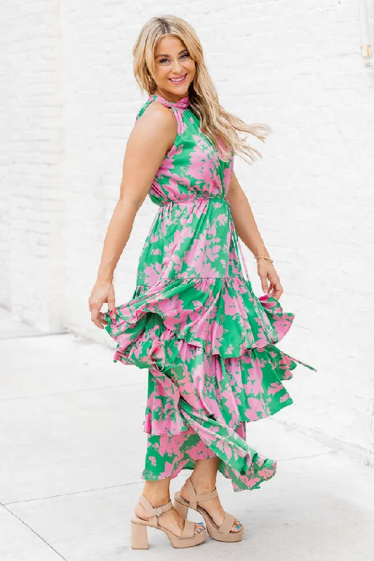 An Inspiration Green and Pink Printed Satin Halter Maxi Dress FINAL SALE