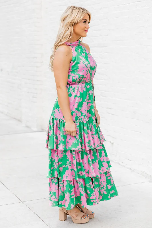 An Inspiration Green and Pink Printed Satin Halter Maxi Dress FINAL SALE