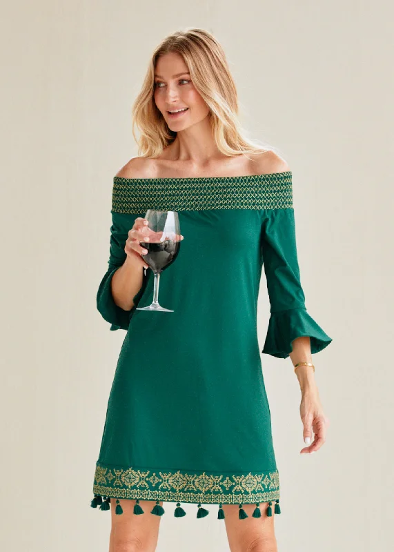 Emerald Metallic Embroidered Off The Shoulder Dress