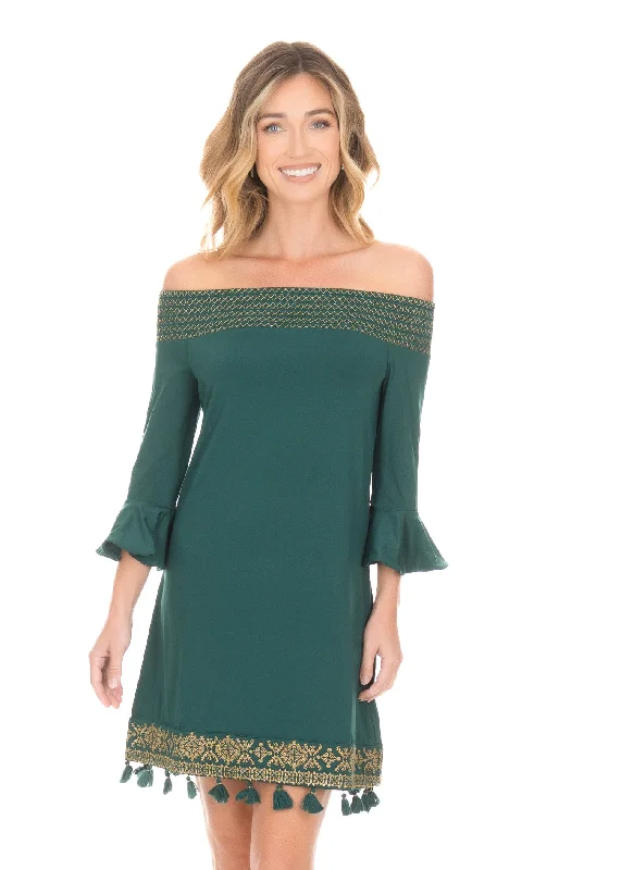 Emerald Metallic Embroidered Off The Shoulder Dress