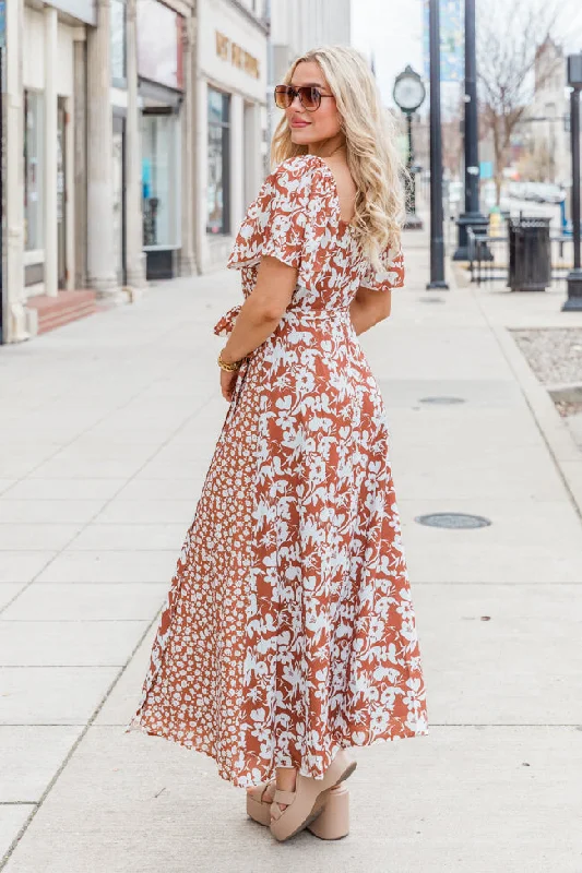 Know My Heart Brown Floral Contrast Flutter Sleeve Maxi Dress