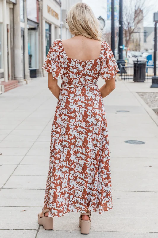 Know My Heart Brown Floral Contrast Flutter Sleeve Maxi Dress