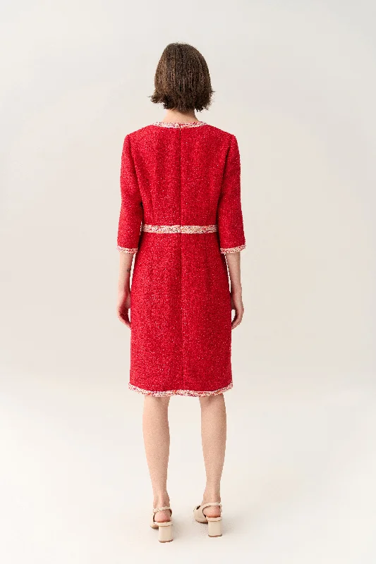 Three-quarter Sleeve Slit Pocket Tweed Dress