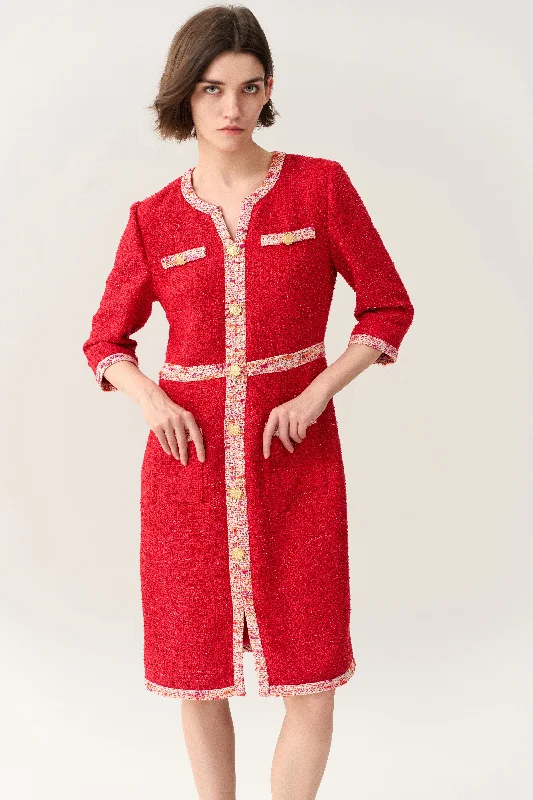 Three-quarter Sleeve Slit Pocket Tweed Dress