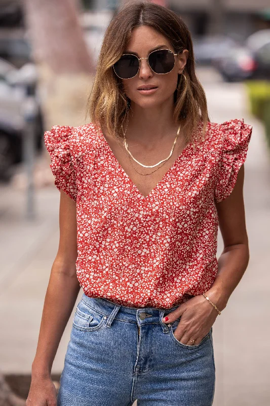 Floral Rust Ruffle Sleeve V-Neck Top