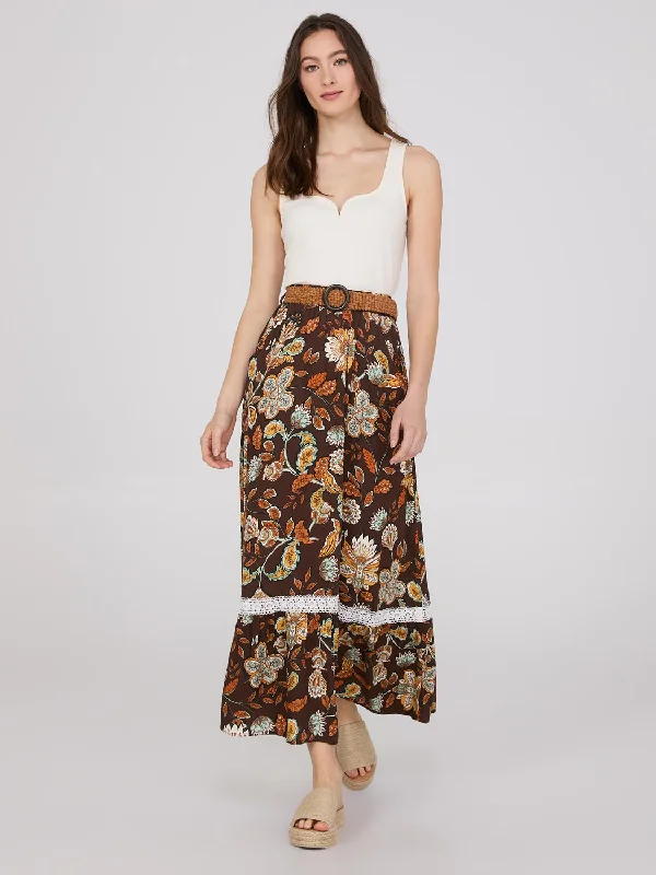 Floral Print Belted Maxi Skirt With Lace Trim