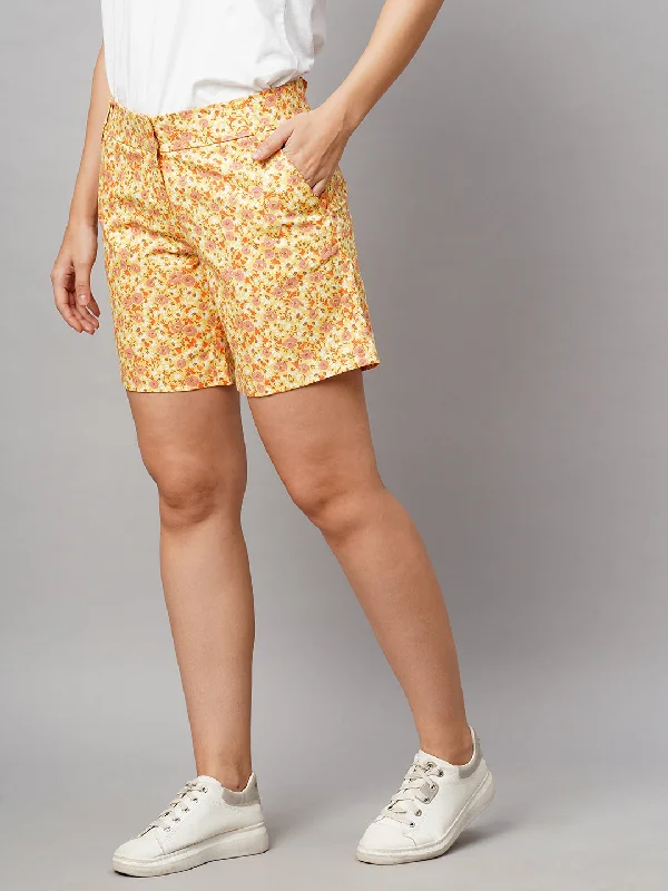 Women's Yellow Cotton Lycra Regular Fit Shorts