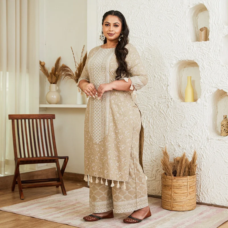 Beige Kurta Palazzo Co-ord Set with Tassel Details - SOM