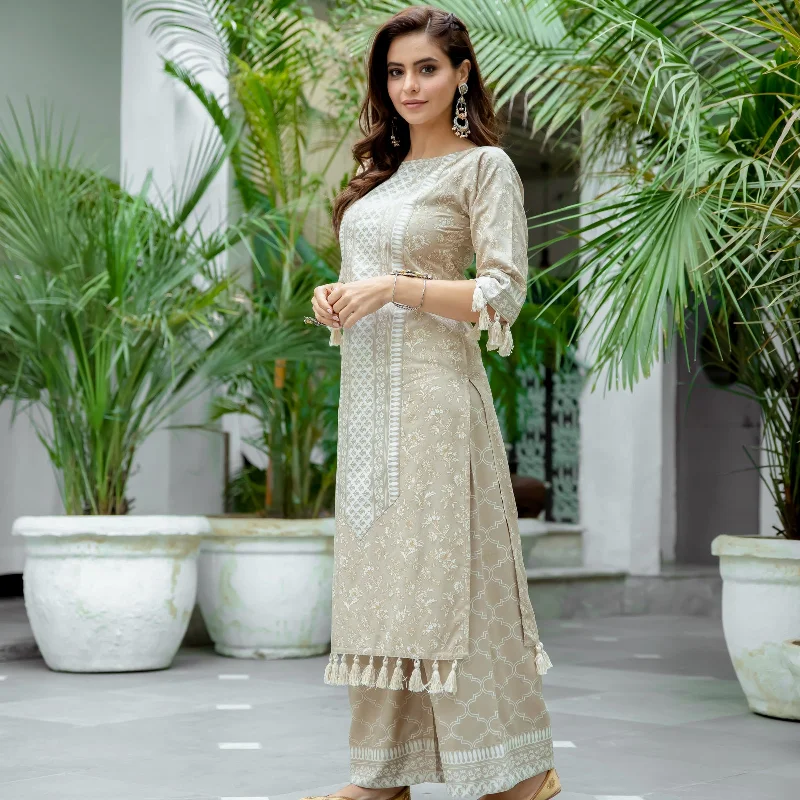 Beige Kurta Palazzo Co-ord Set with Tassel Details