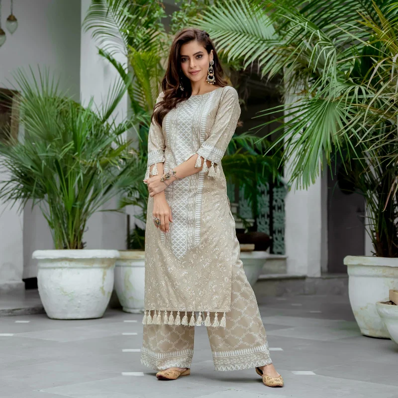 Beige Kurta Palazzo Co-ord Set with Tassel Details