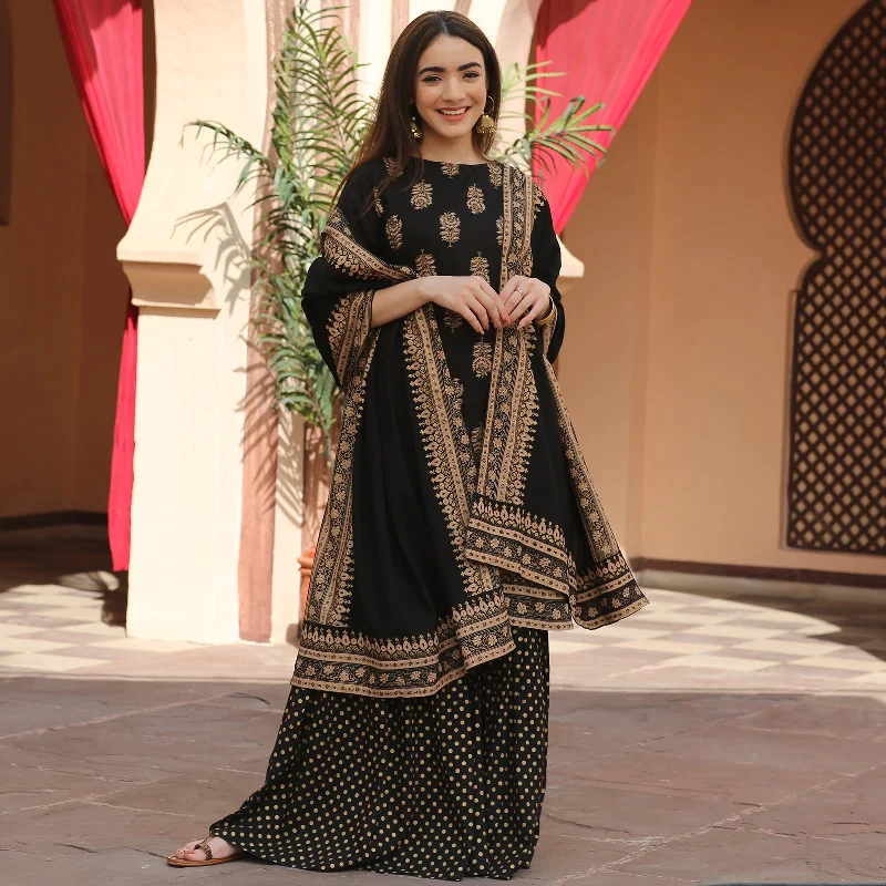 Black Festive Gold Gharara Kurta Set with Dupatta