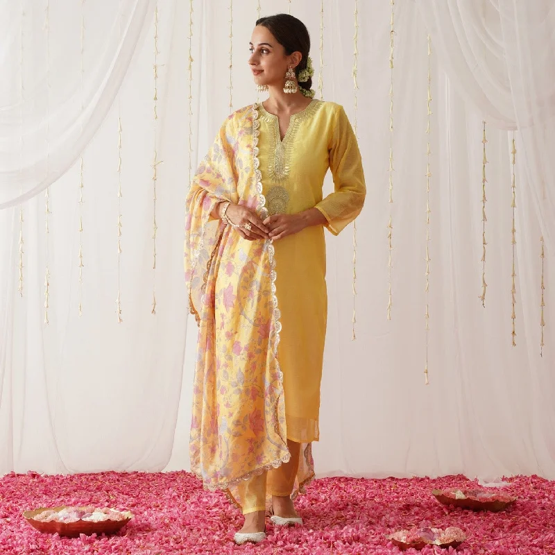 Yellow Embroidered Chanderi Kurta Pant Dupatta Set for Women with Gota Details