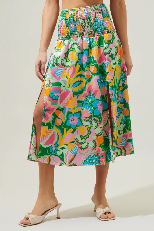 Lanai Multi Tropics Dreamheart Smocked Midi Skirt