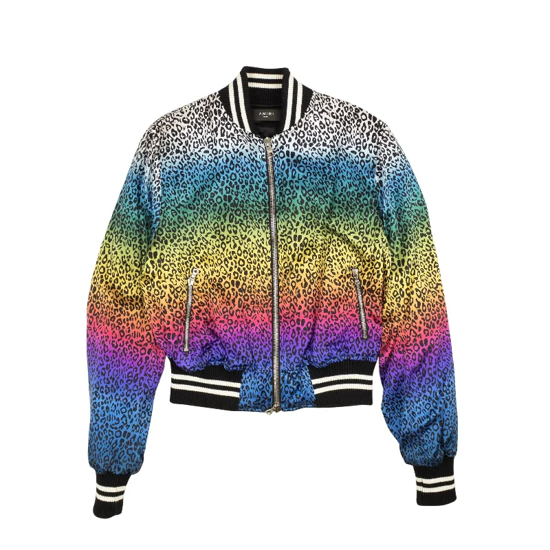 Black Silk Rainbow Leopard Bomber Jacket