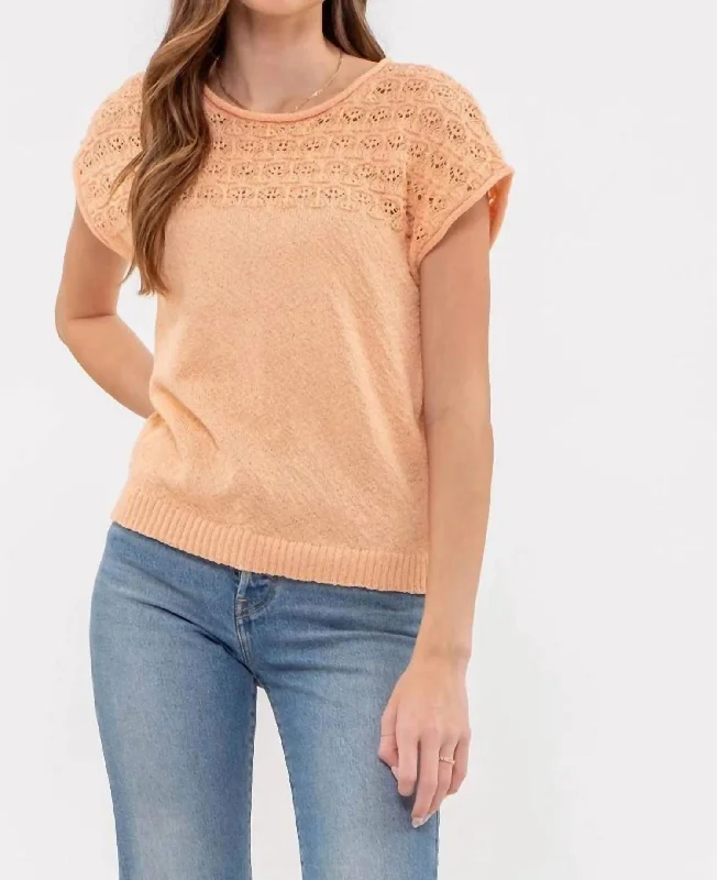 Eyelet Yoke Sweater Knit Top In Lt Orange