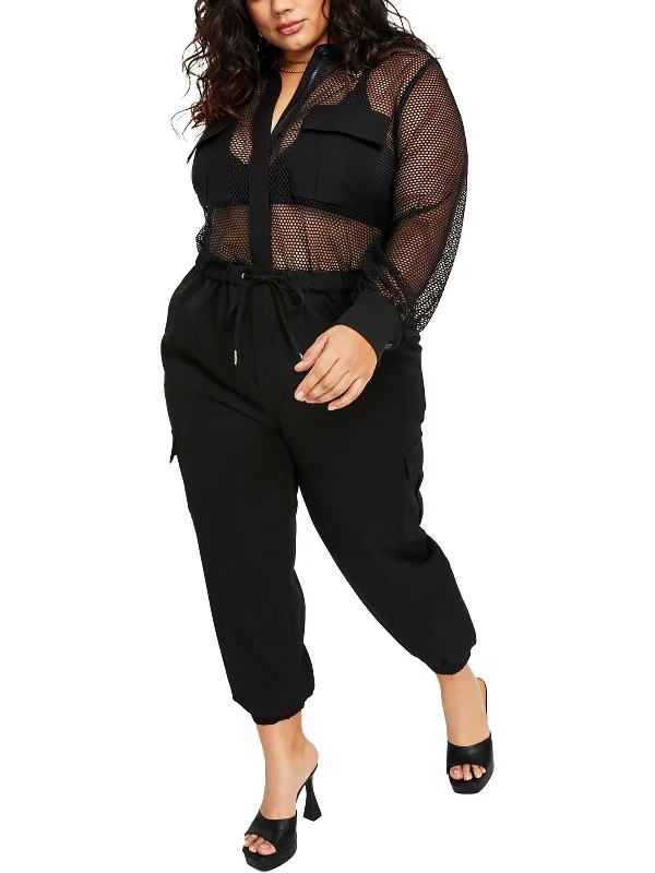 Plus Womens Mesh Drawstring Hem Jumpsuit