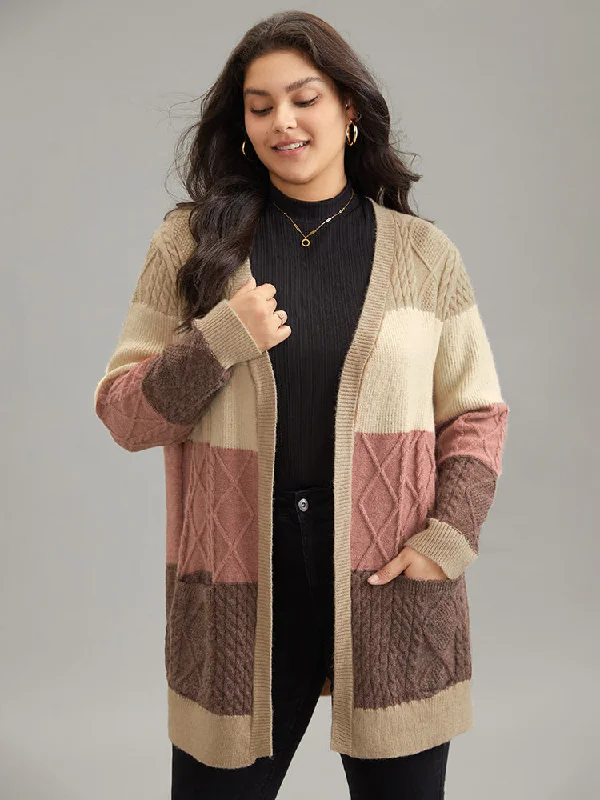 Anti-Pilling Cable Knit Colorblock Patched Pocket Cardigan