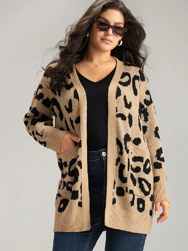 Leopard Elastic Cuffs Drop Shoulder Cardigan