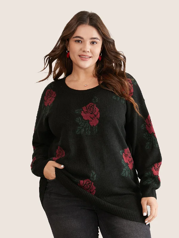 Rose Jacquard Crew Neck Drop Shoulder Pullover