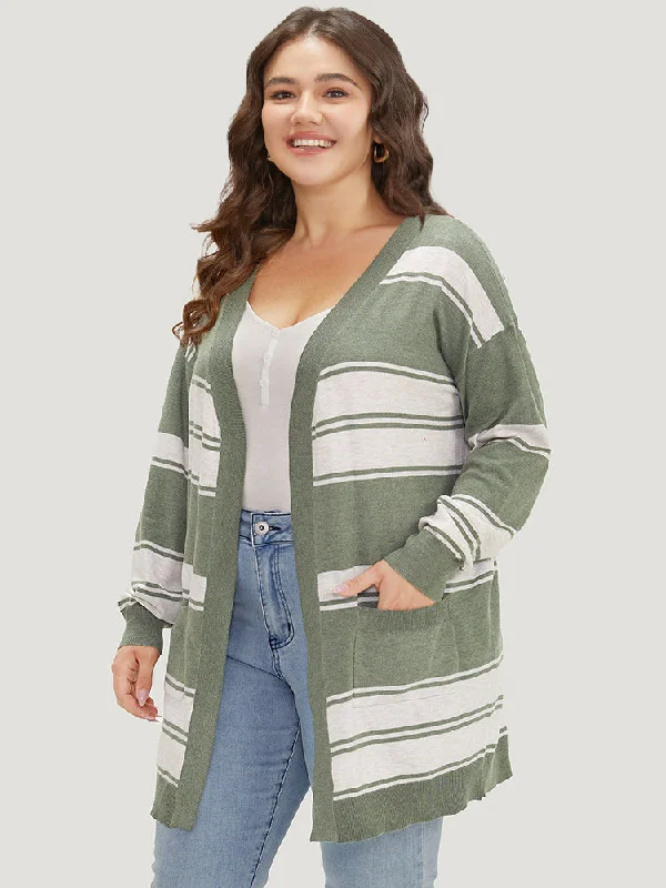 Striped Patchwork Open Front Pocket Cardigan